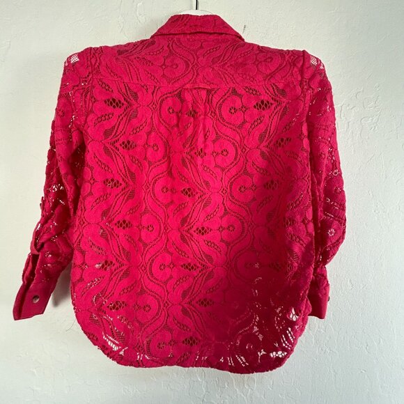 Anthropologie Maeve Womens Button Down Lace Shirt Size 2P Pink Roll-Tab Sleeve - Picture 2 of 8
